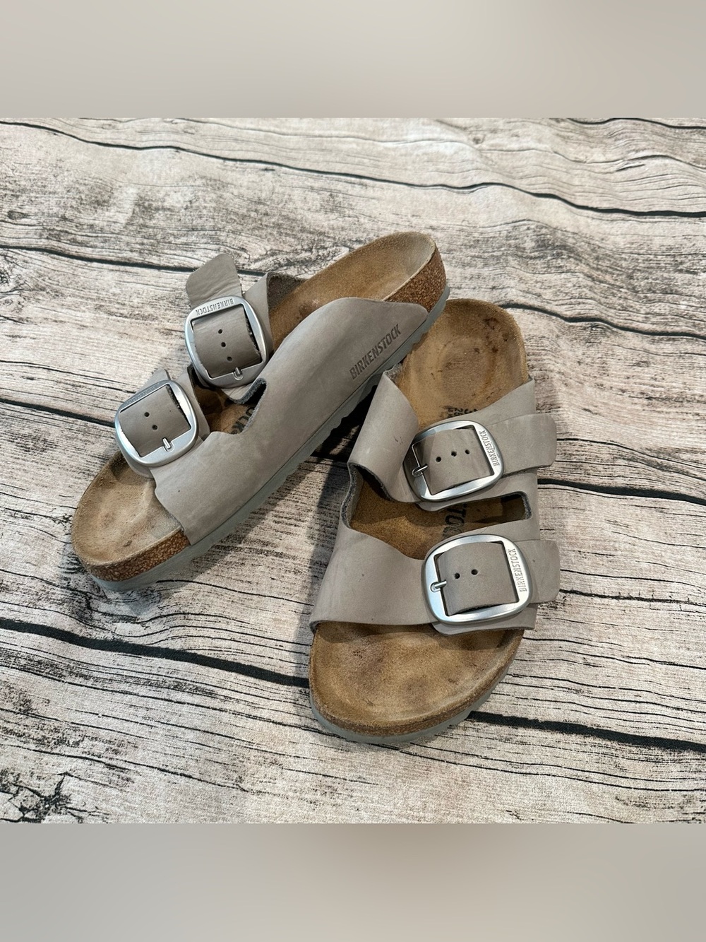 Birkenstock Arizona Two Strap Sandals in Matte Grey with Matte Silver Buckles 39